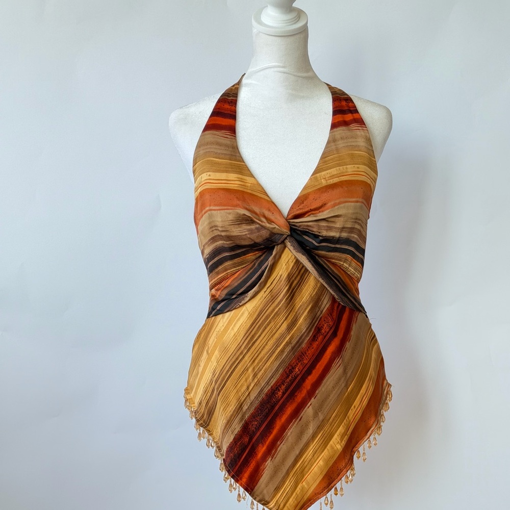 100% Silk Vintage Cache Beaded Halter Top
